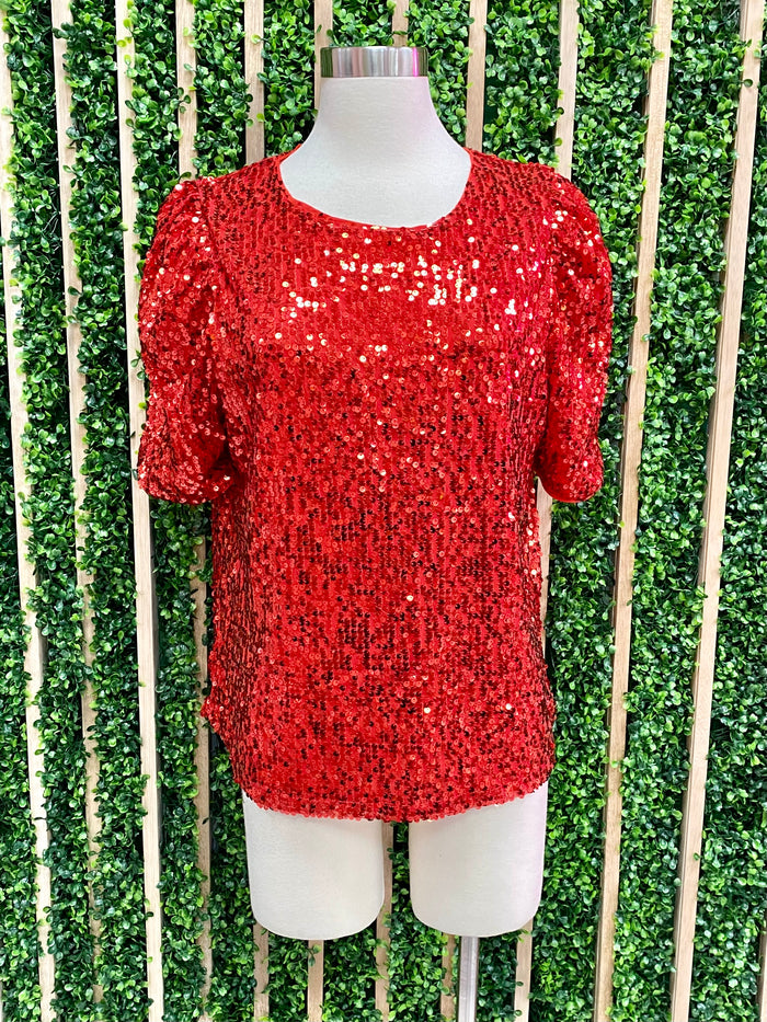 Round Neck Sequin Puff Shoulder Top