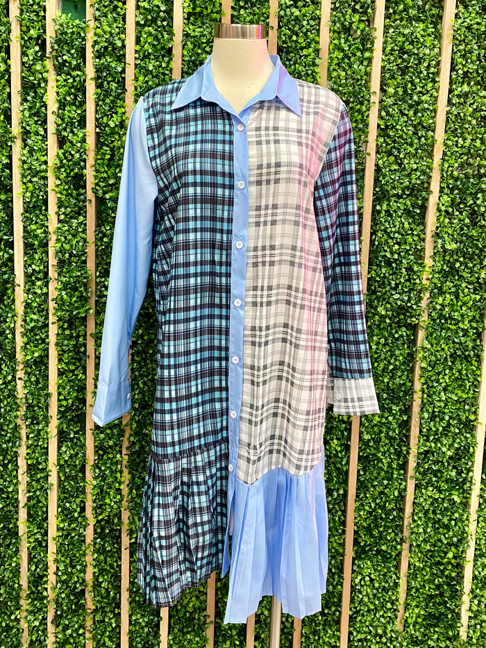 Blue Plaid Block Button Down Midi Dress