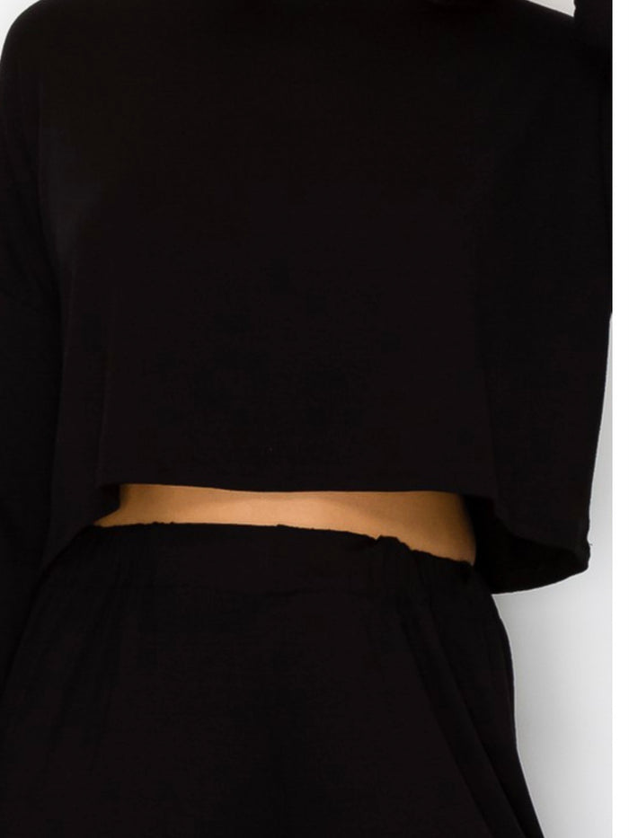 Black Long Sleeve Crop Top Pant Set