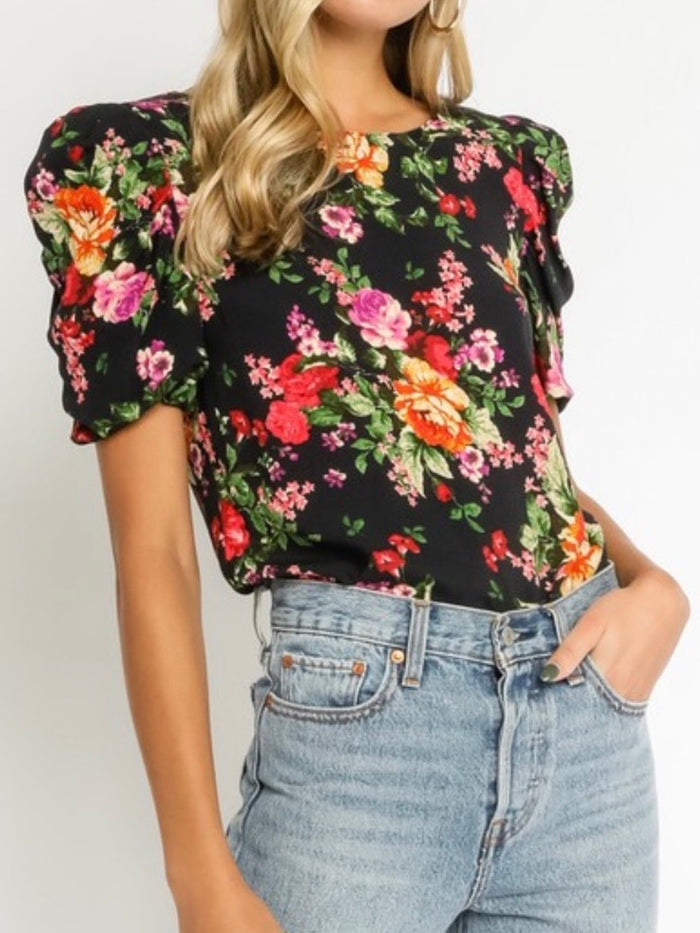 Black Floral Puff Sleeve Top