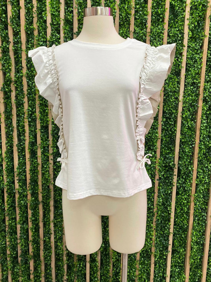 Pleather Trim Ruffle Sleeve Top