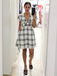 White Black Checkered Plaid Dress