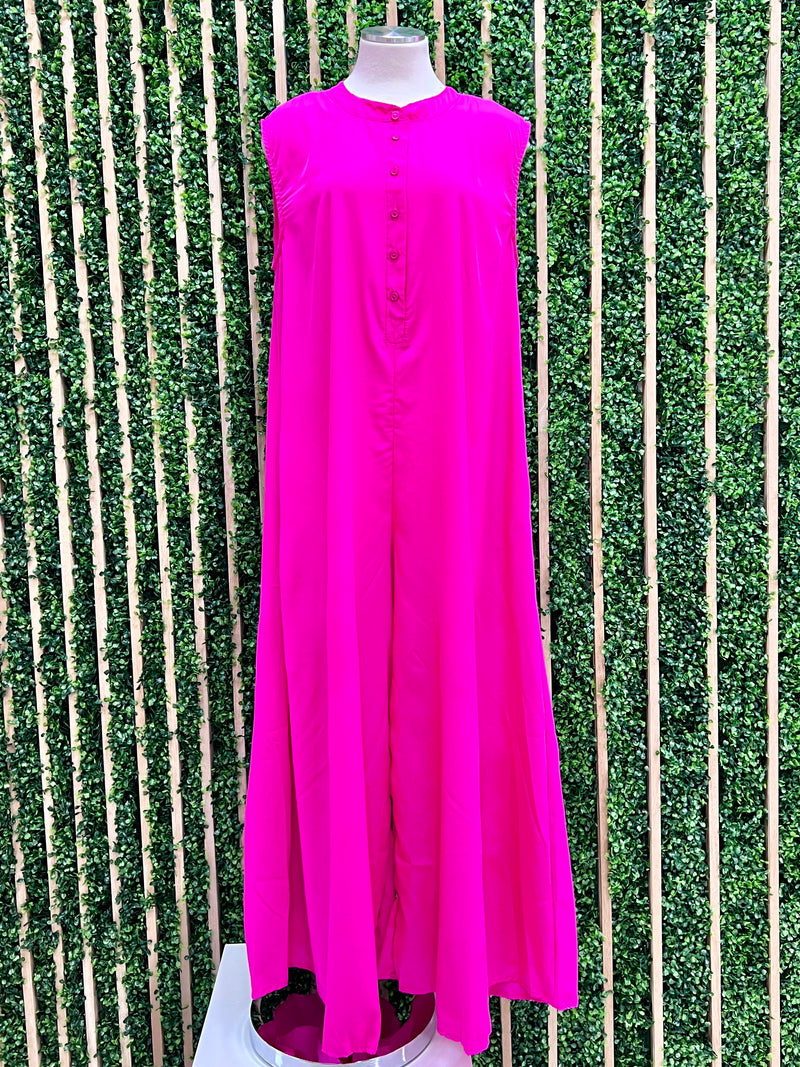 Fuchsia Button Up Wide Leg Jumpsuit