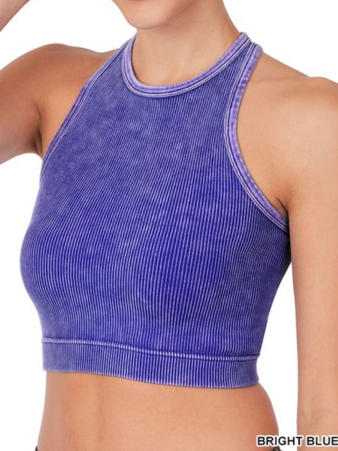 Washed Ribbed High Neck Cropped Basic