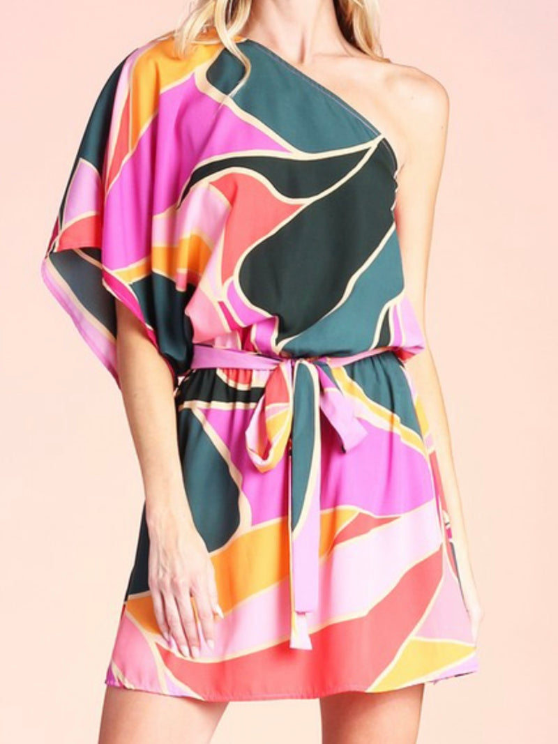 Metamorphosis Print One Shoulder Short Dress