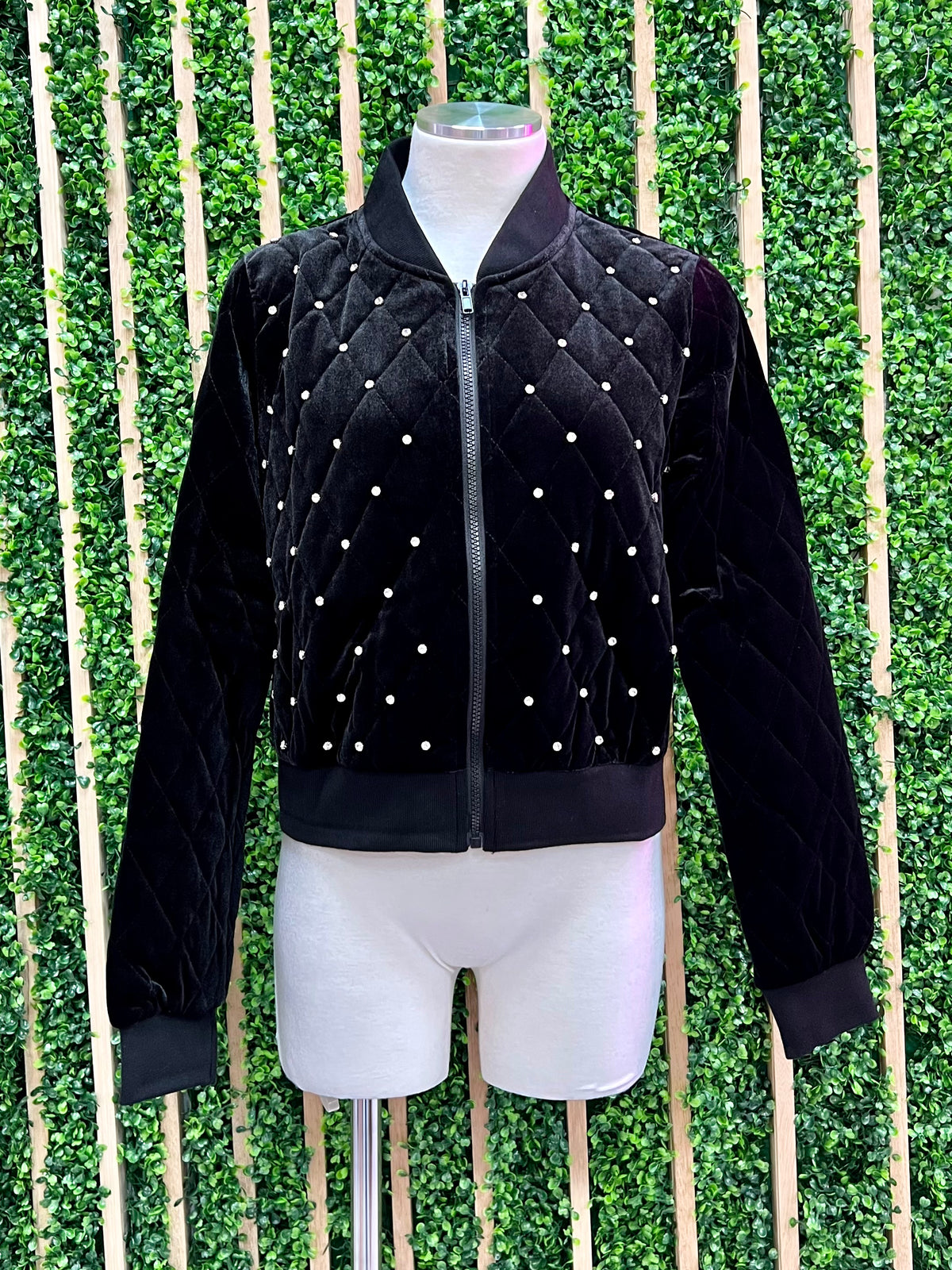 Rhinestone Studded Velvet Bomber Jacket