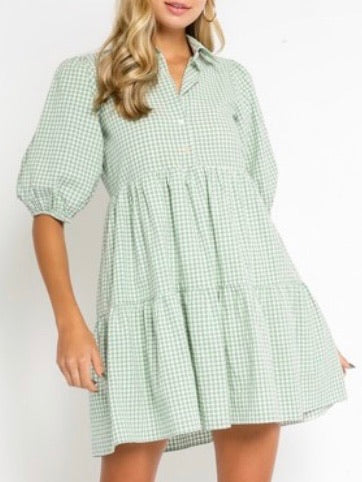 Sage Checkers Babydoll Dress