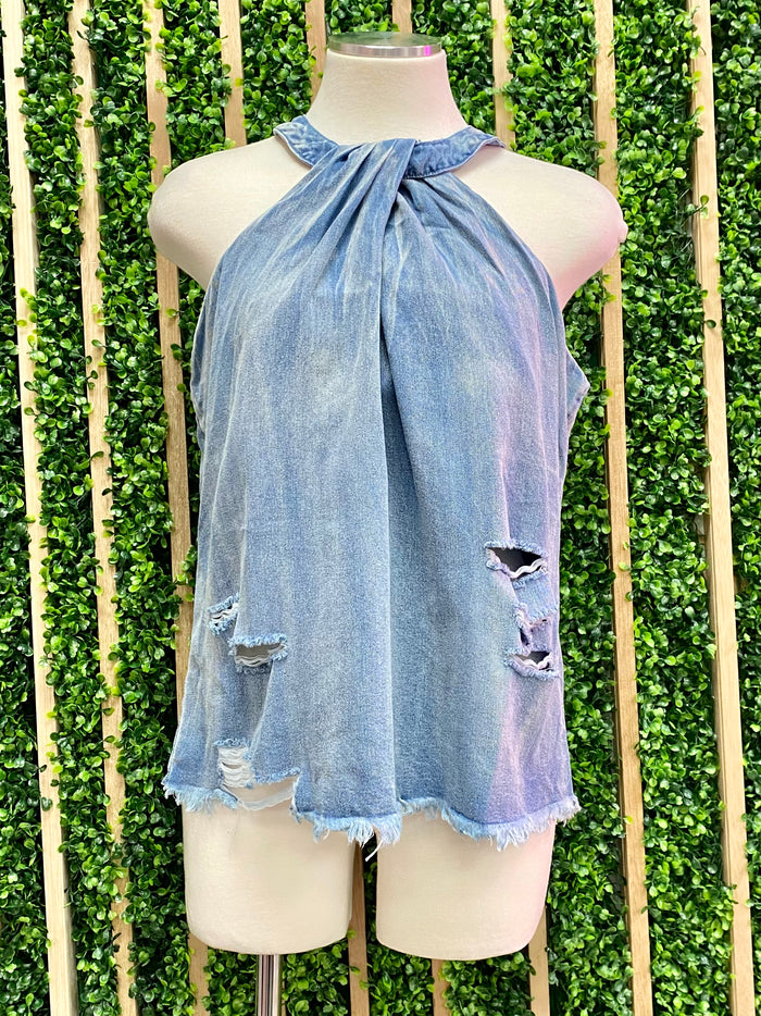 Crossed Halter Neck Denim Top