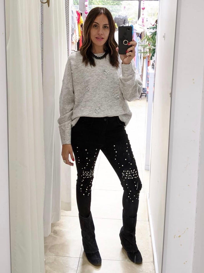 Grey Rhinestone Sweater