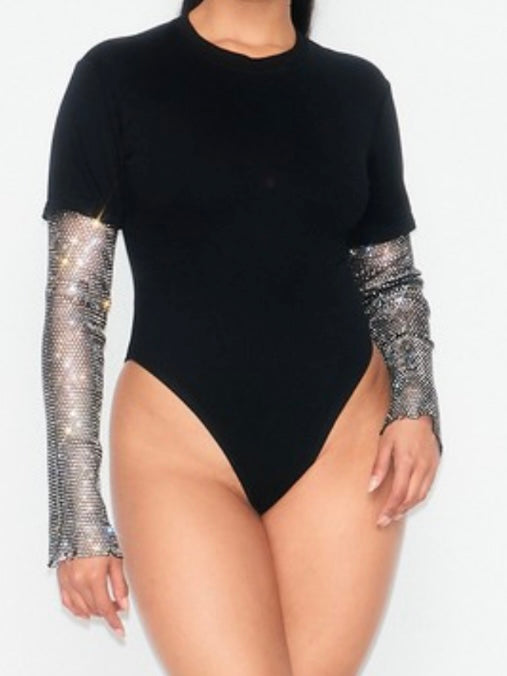 Black Rhinestone Sleeve Bodysuit