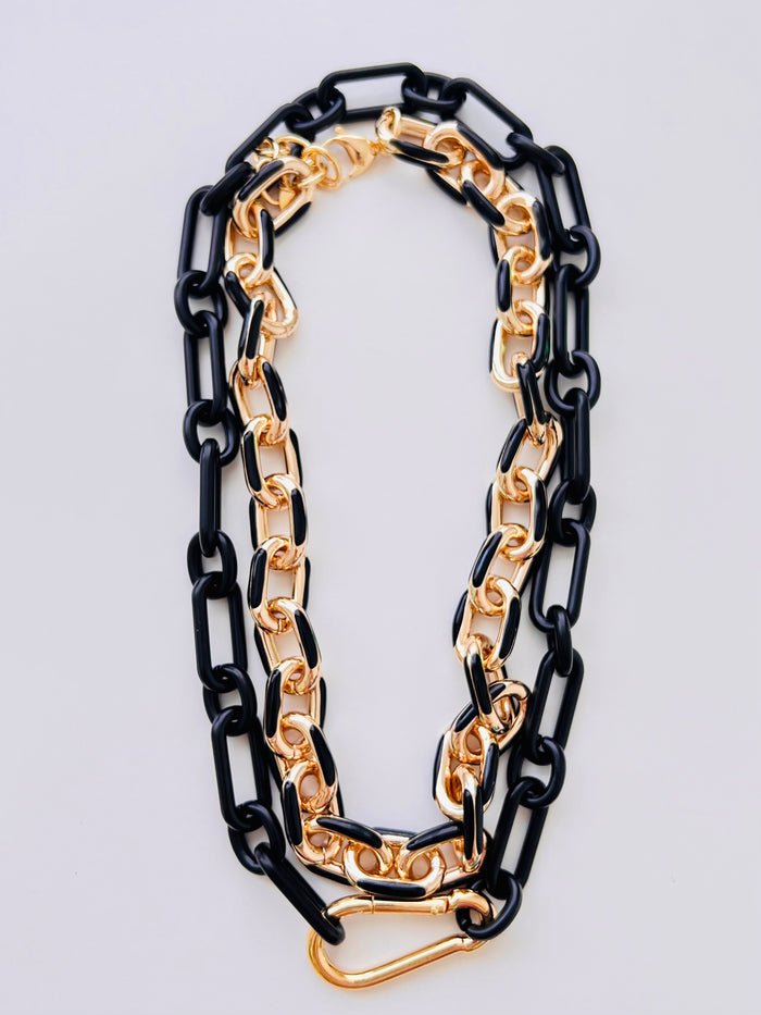 Large Gold Black Enamel Paperclip Necklace