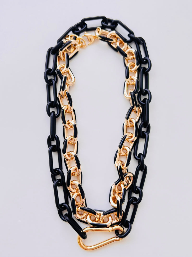 Large Gold Black Enamel Paperclip Necklace