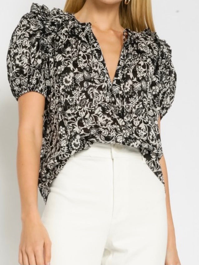 B&W Paisley Ruffle Puff Sleeve Top