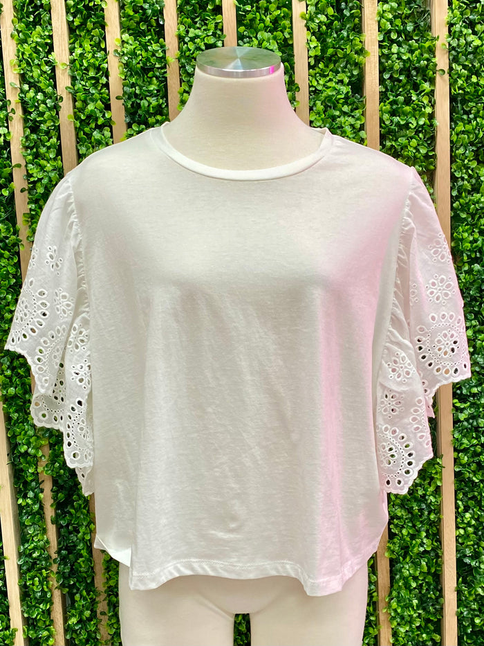 White Eyelet Flutter Sleeves Top