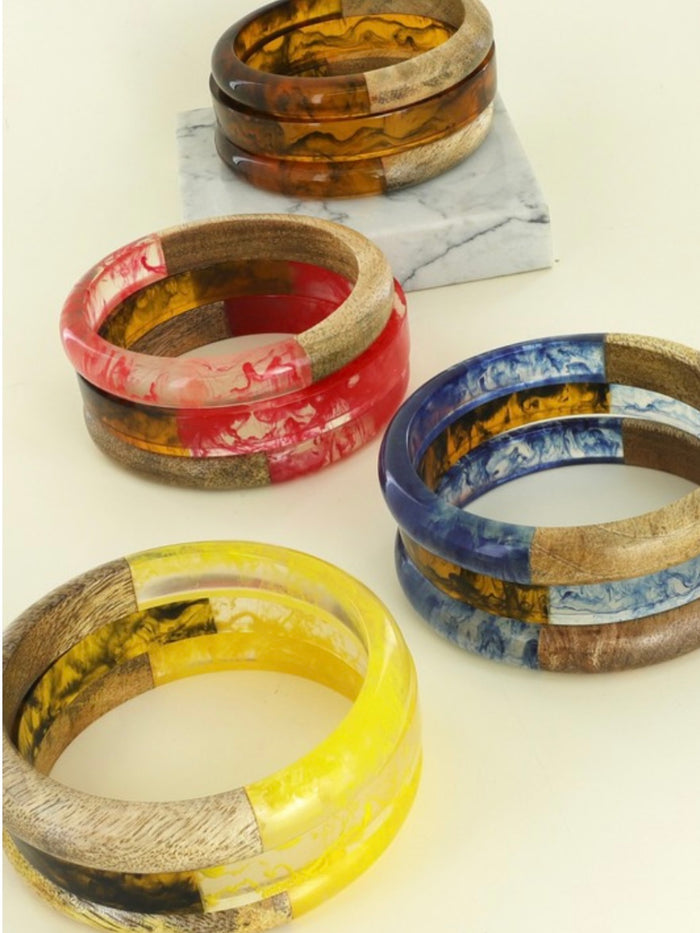 Wood Acrylic Marble Bangle Set