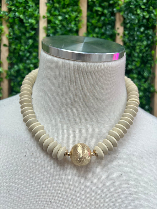 Ivory Wood Gold bead Necklace