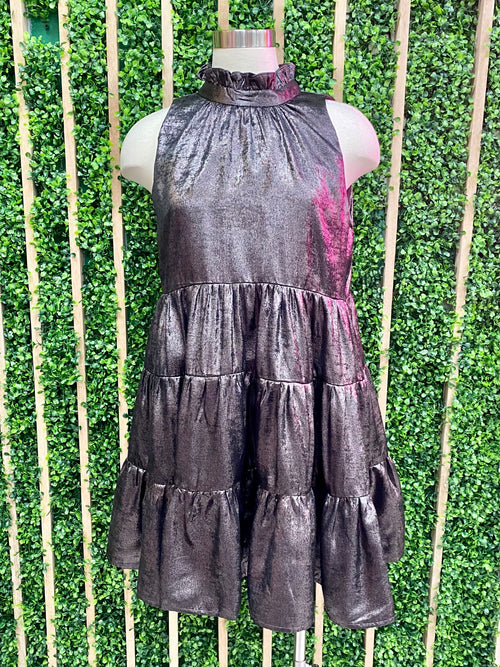 Charcoal Metallic Tiered Short Dress