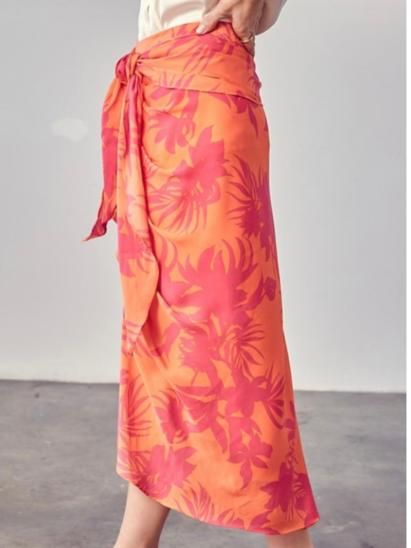 Papaya Print Ruched Midi Skirt