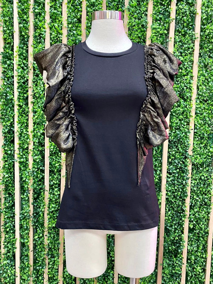 Black Metallic Ruffle Detail Top