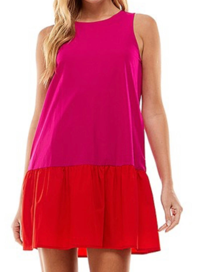 Magenta Red Color Block Drop Waist Dress