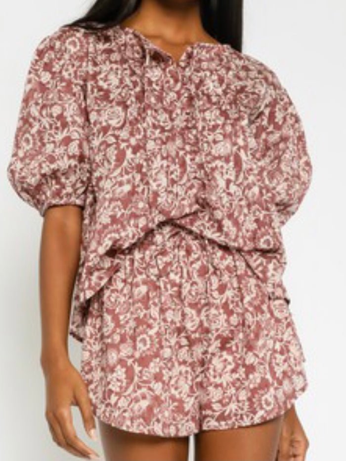 Mauve Cream Floral Short Pant Set