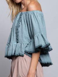 Blue Sage Flared Off Shoulder Top