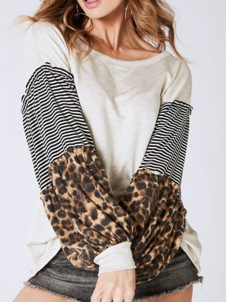 Leopard Block Puff Sleeve Sweater