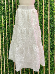 White Textured Floral Midi Skirt