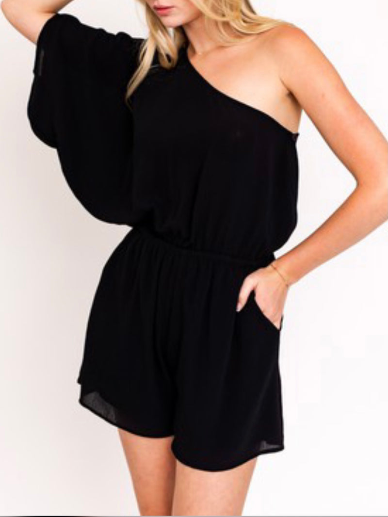 Black Dolman Sleeve One Shoulder Romper