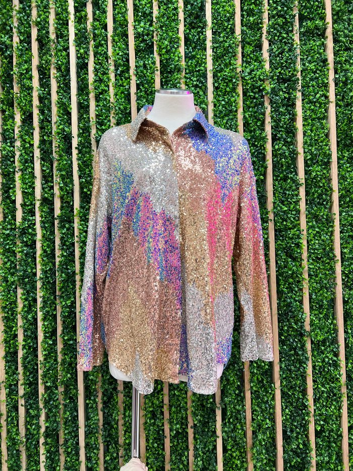 Multi Sequin Button Down Blouse