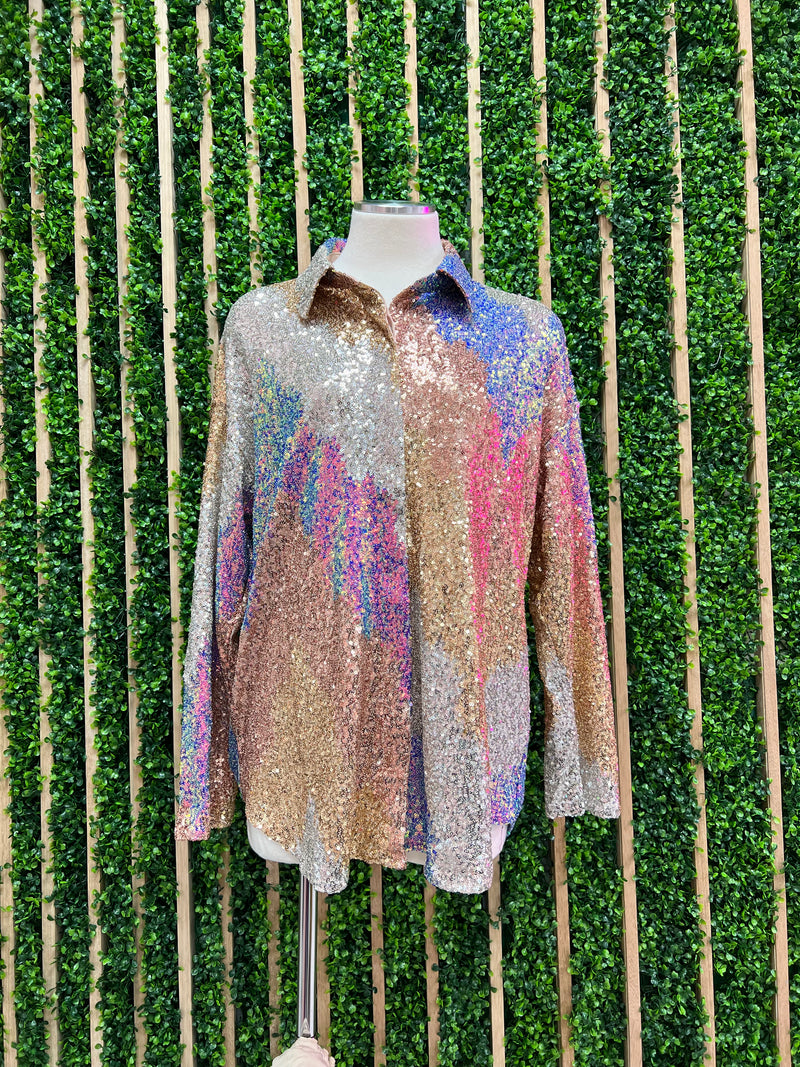Multi Sequin Button Down Blouse