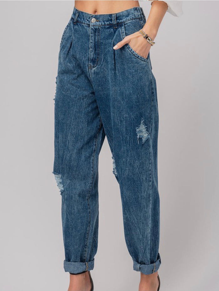 Distressed Cuffed High Rise Boyfriend Denim