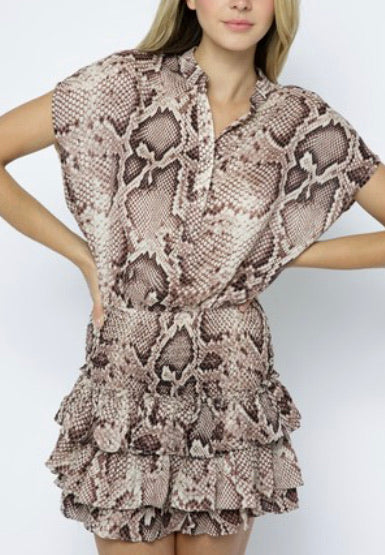 Mocha Snakeprint Smocked Mini Dress
