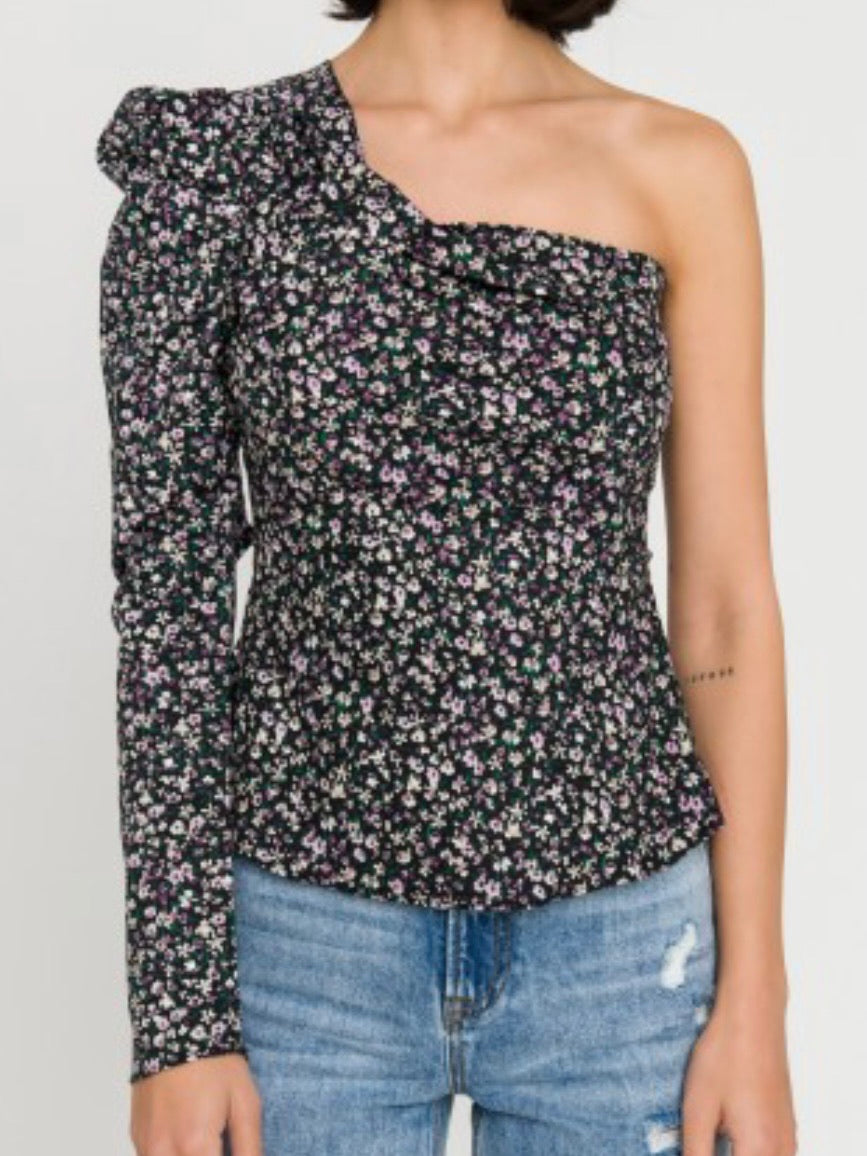 Black Floral One Shoulder Top