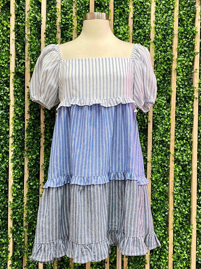 Contrast Blue Striped Tiered Short Dress