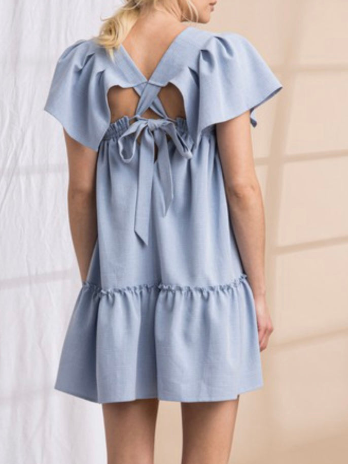 Blue Textured Flutter Sleeve Short Dress