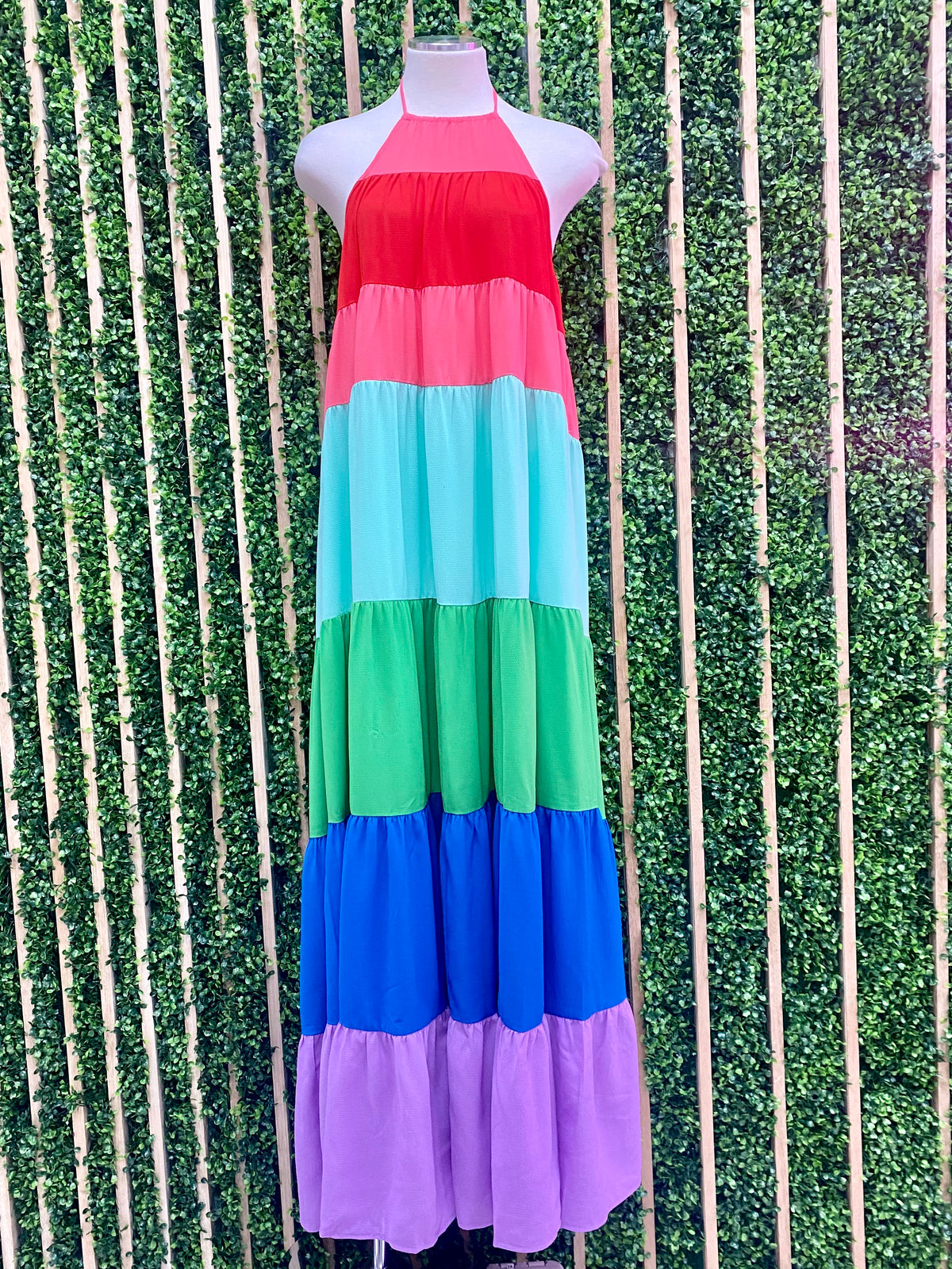 Multicolor Block Halter Maxi Dress