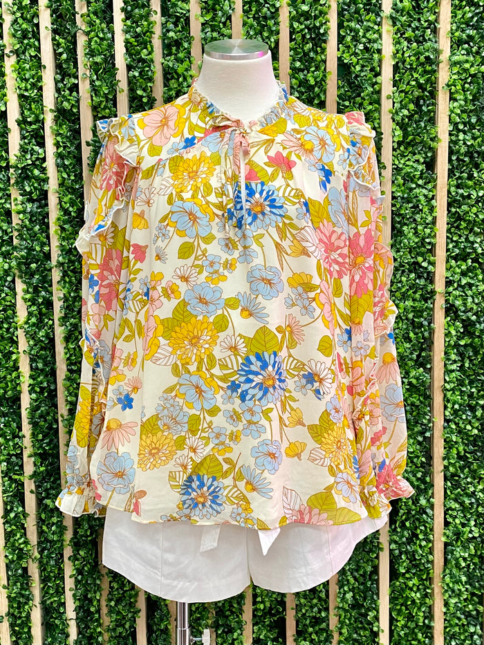 Yellow Floral Balloon Sleeve Long Sleeve Blouse