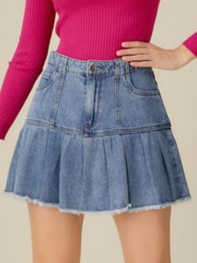 Light Denim Pleated Short Skirt