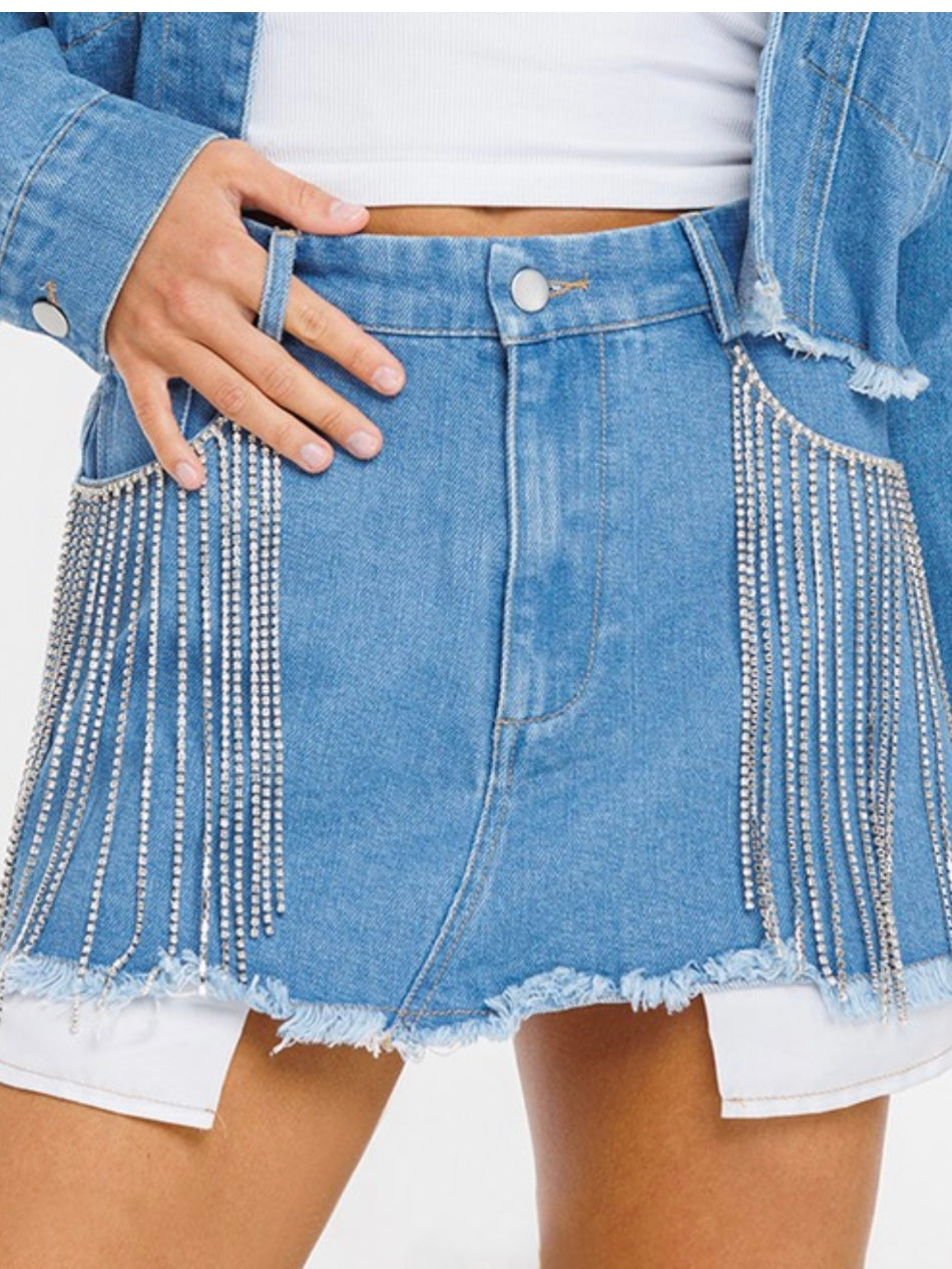 Rhinestone Detail Denim Short Skirt