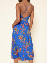 Cobalt Floral Satin Midi Dress