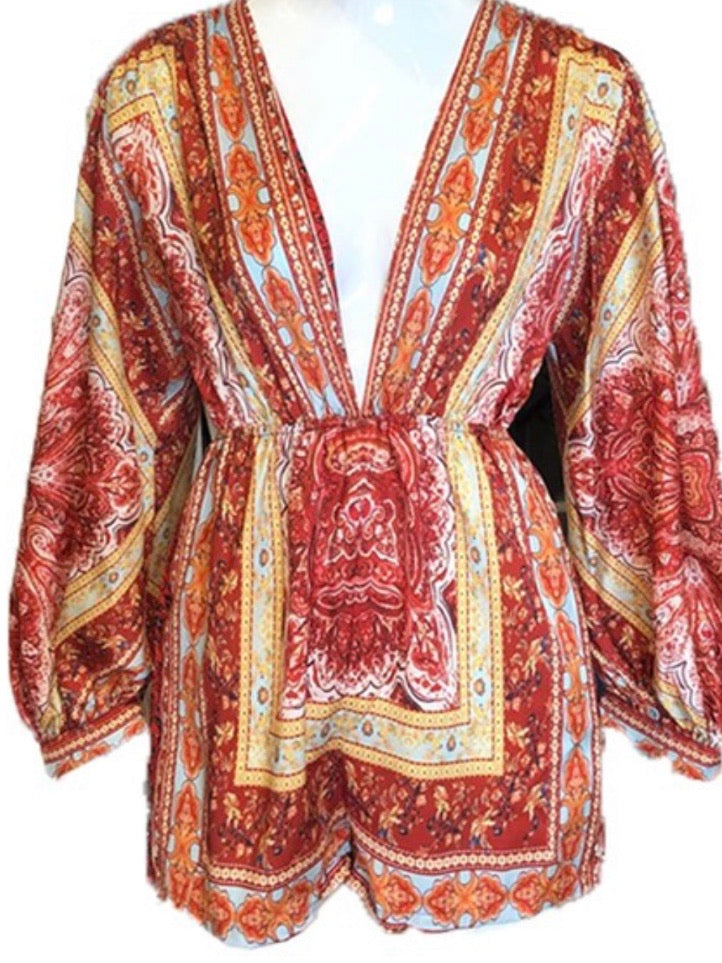 Rust Print Puff Sleeve Romper