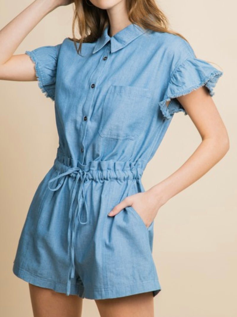 Ruffled Sleeve Paperbag Denim Romper