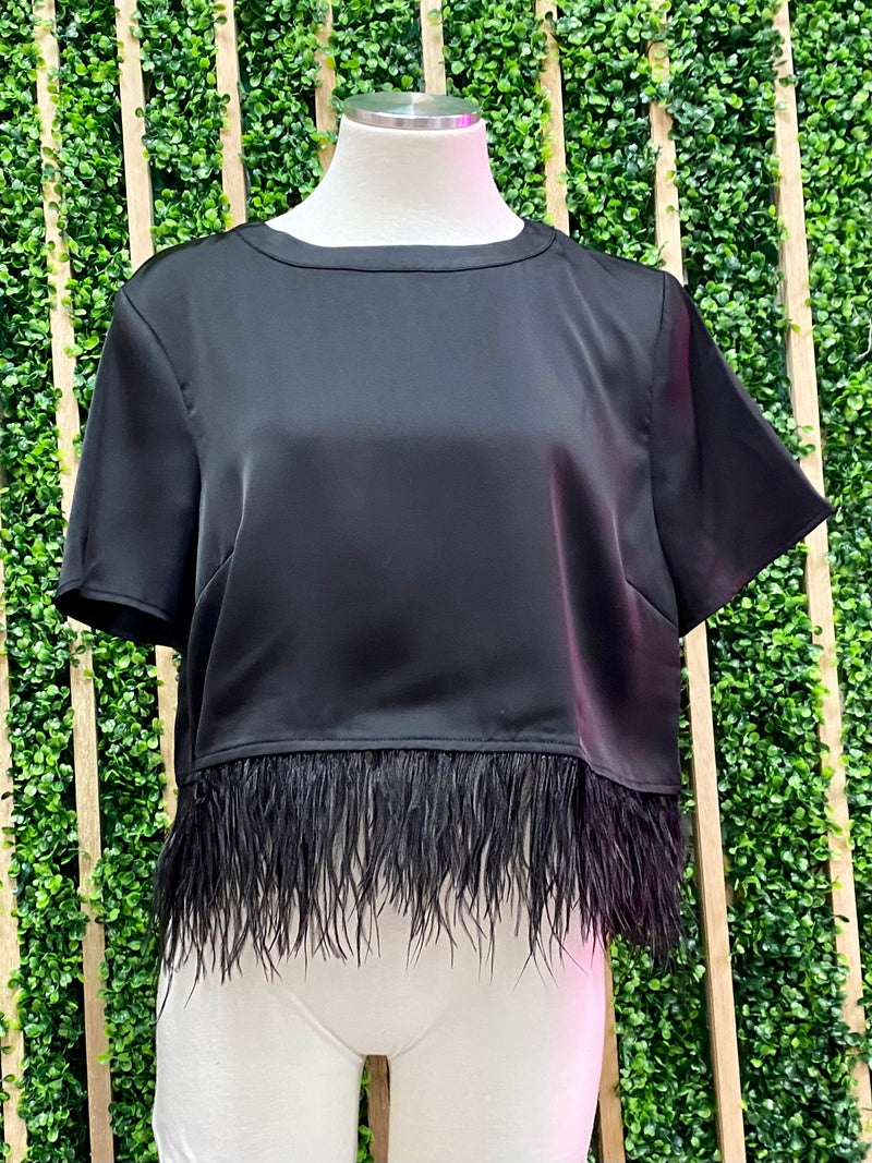 Black Short Sleeve Feather Trim Top