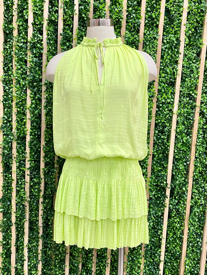 Neon Lime Ruched Tiered Short Dress