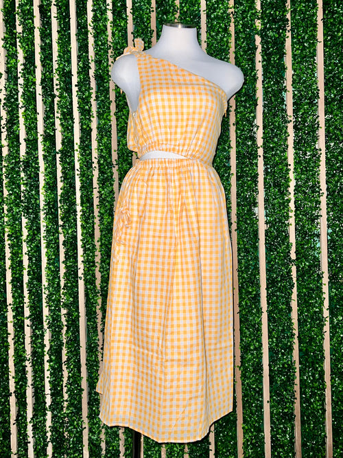 Yellow Plaid Cutout One Shoulder Midi Dress