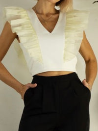 Cream ORganza Ruffle V Neck Top