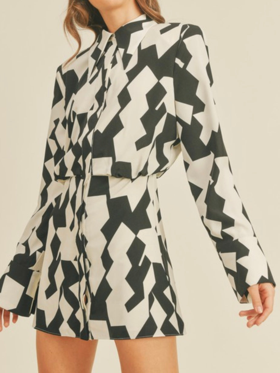 Black White Print Blouse Dress