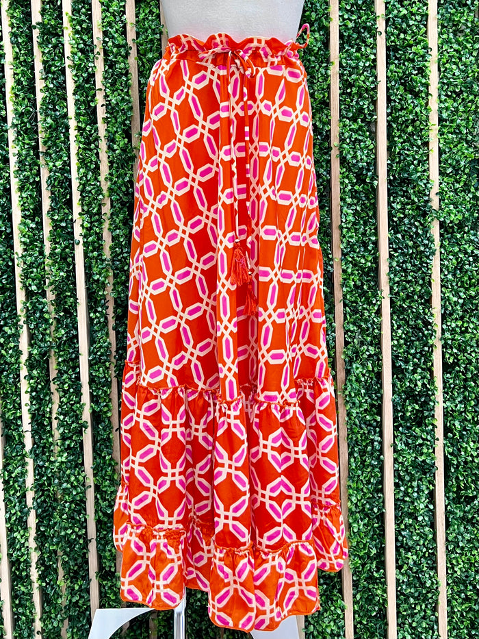 Boho Orange Pink Geo Maxi Skirt
