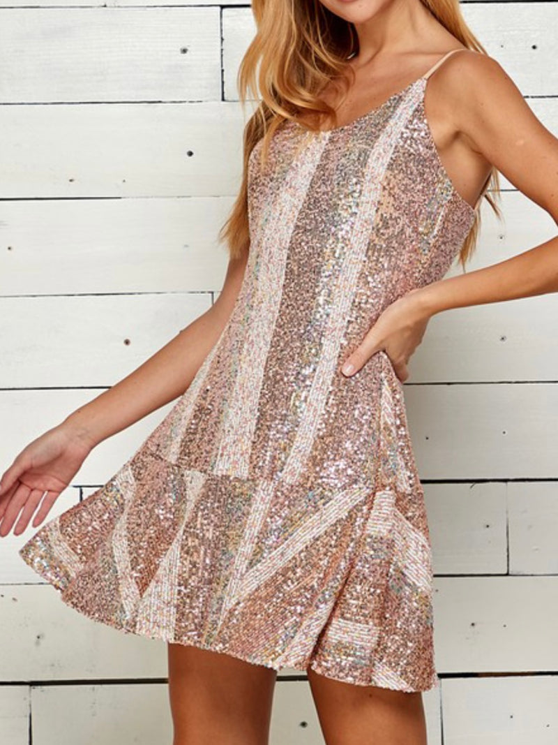 Multi Pink Color Block Sequin Drop Waist Dress